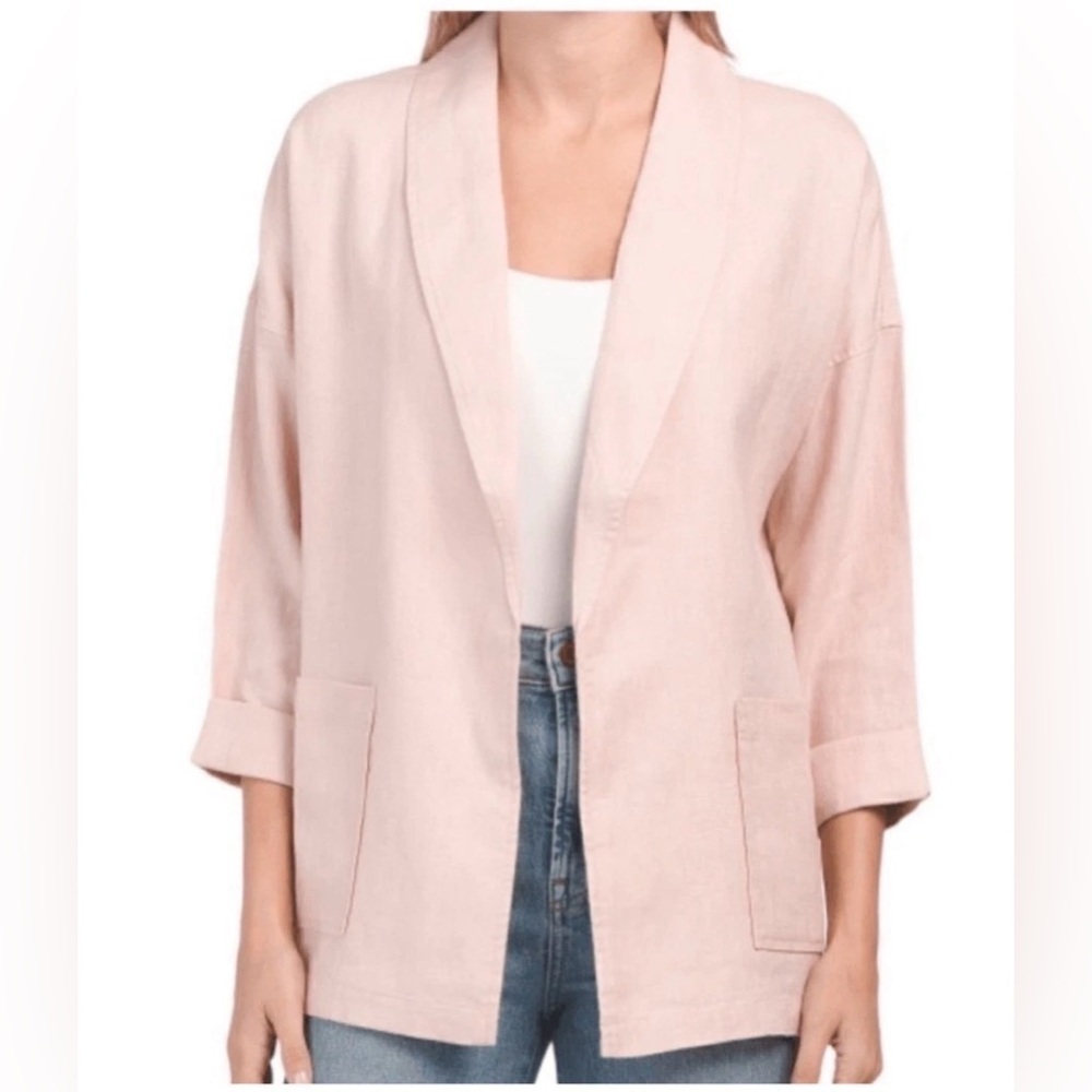 Eileen Fisher Organic Linen Cardigan Small Shawl Collar Open Front Pink Blazer